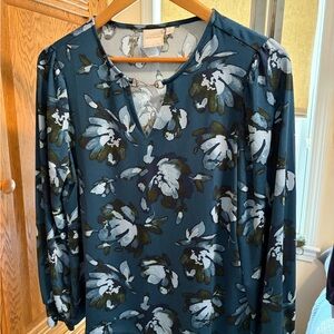 Zac & Rachel Teal Floral V-Neck Long Sleeve Blouse